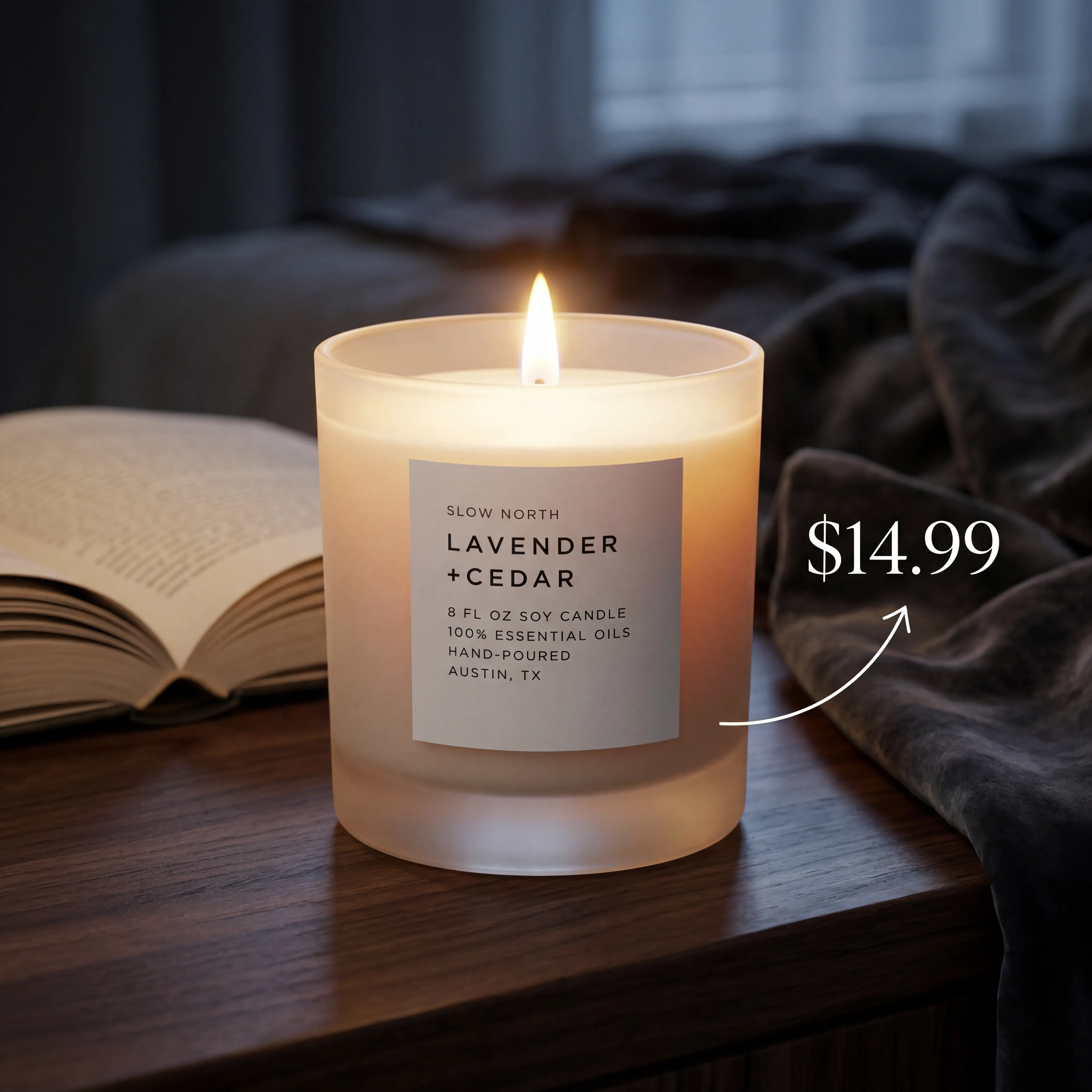 Candle on a minimalist marble tray with soft morning window light