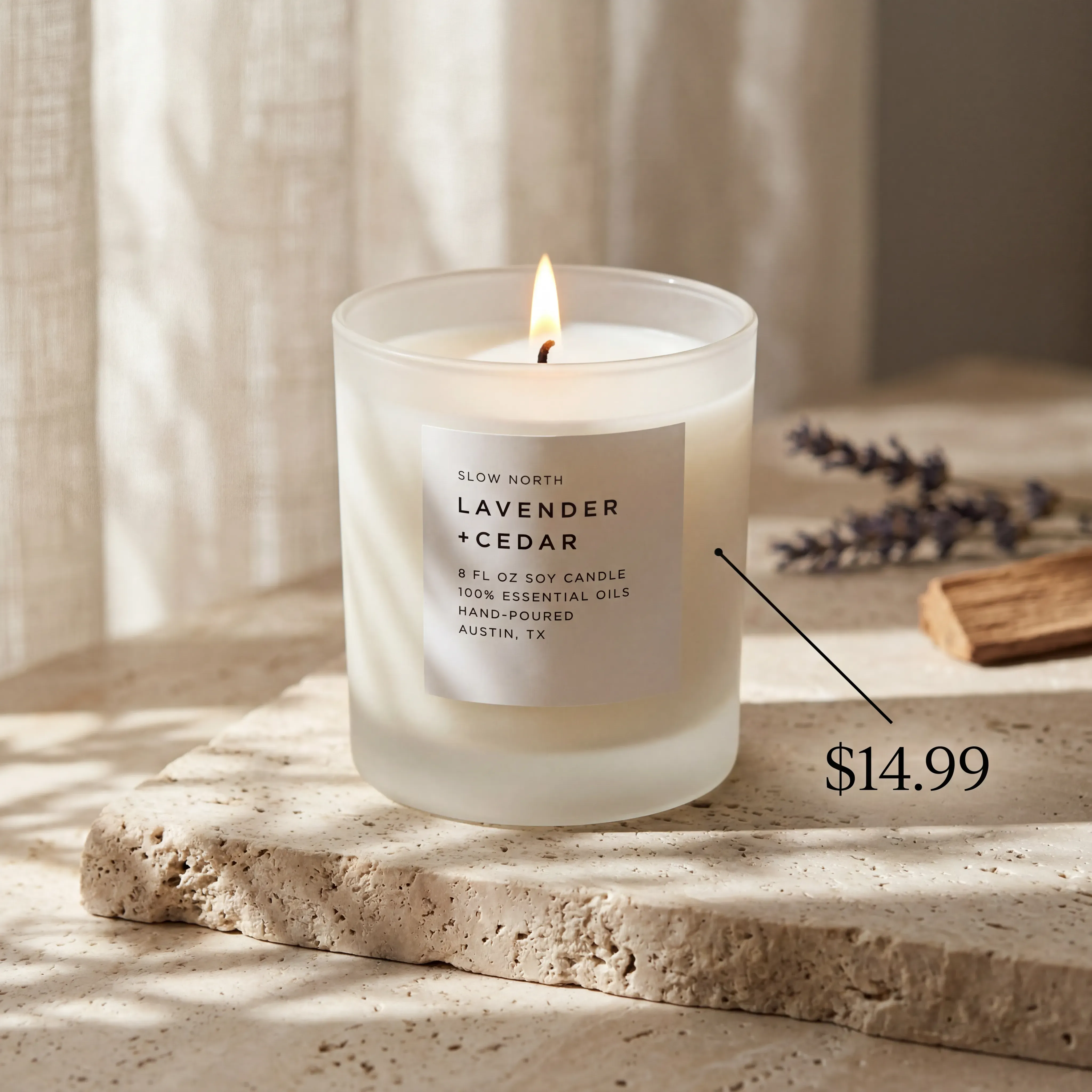 Candle jar on a rustic wood mantel with a soft warm fireside glow