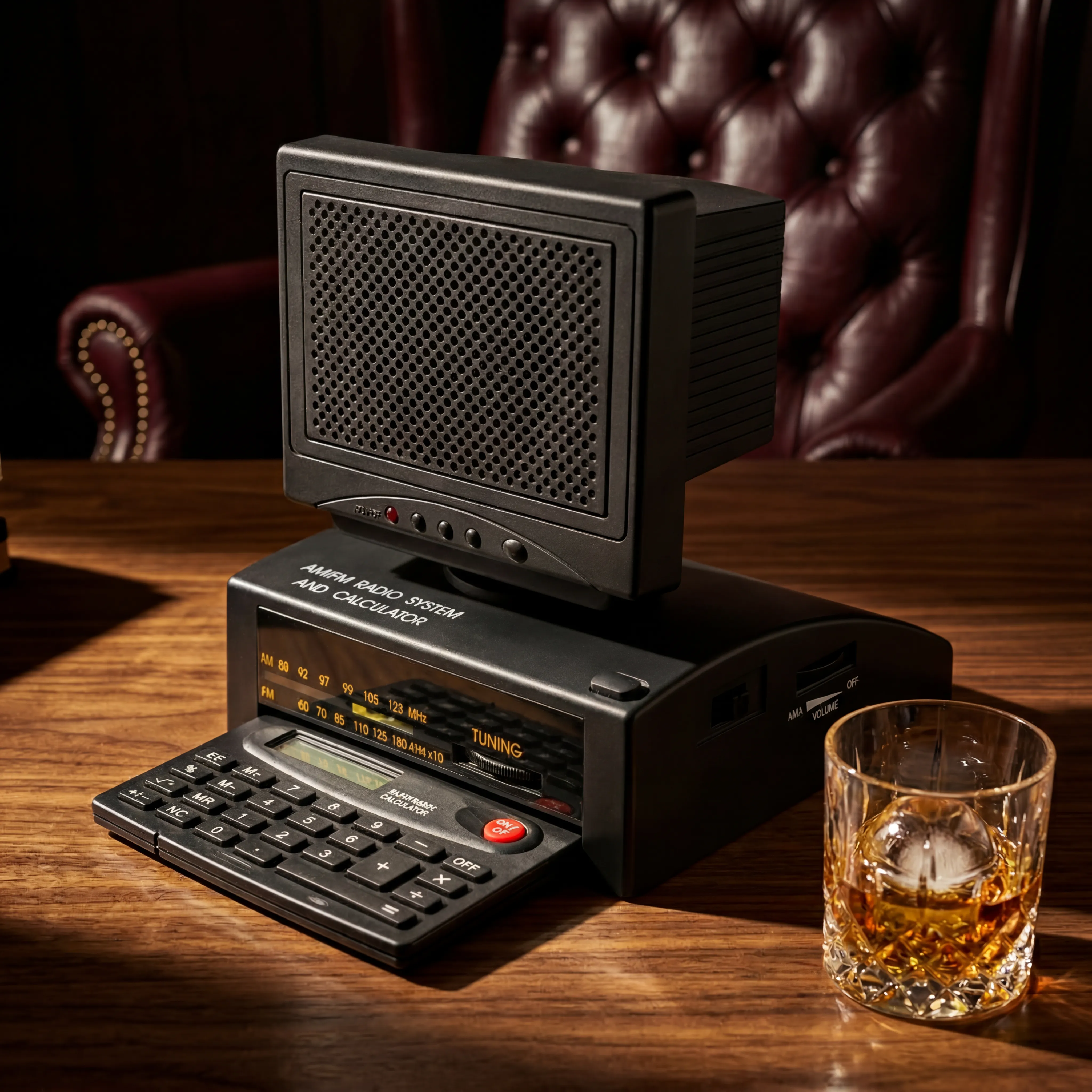 Power bank on a minimalist dark gray felt mat with soft blue tech lighting