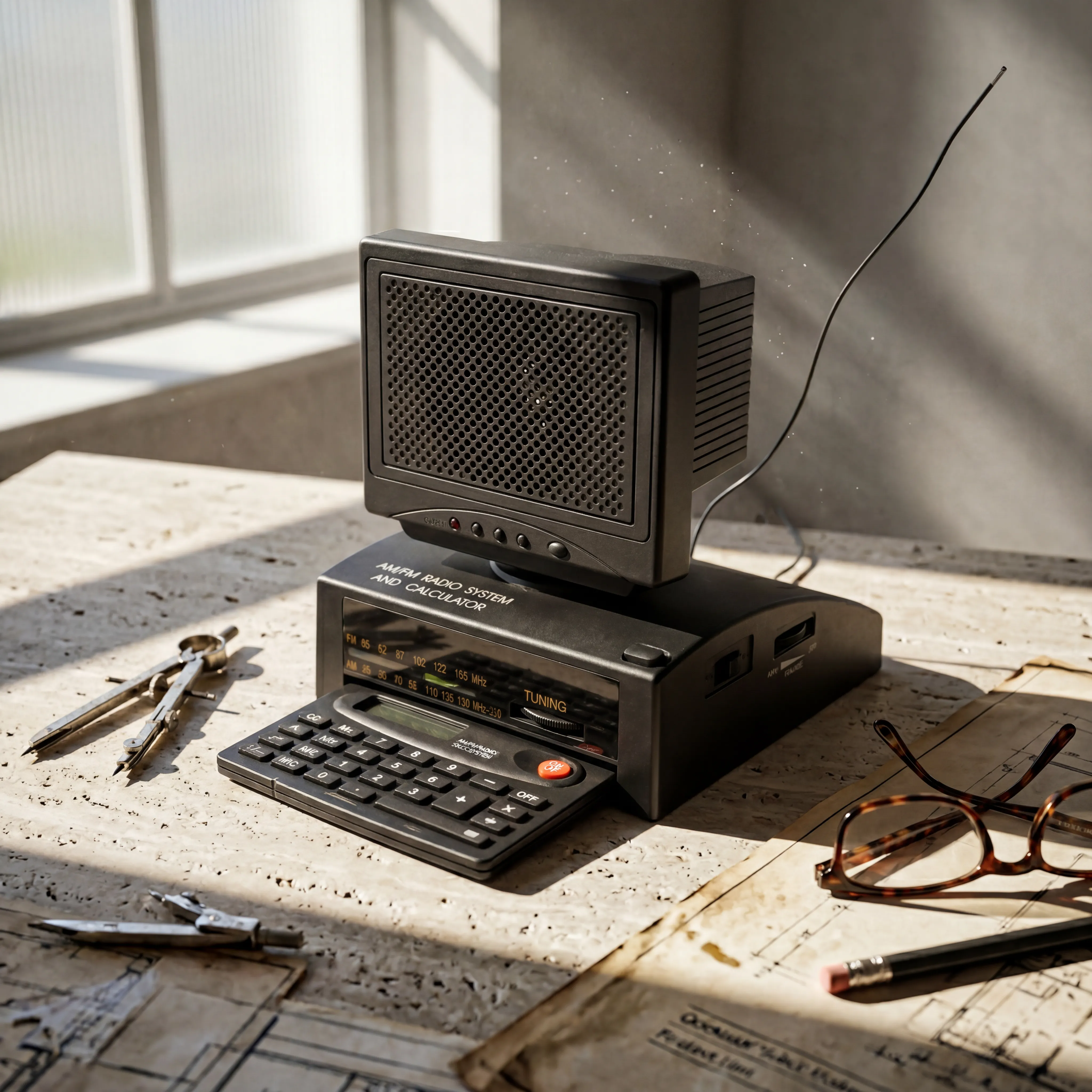Headphones on a wood and steel designer desk in a bright creative studio