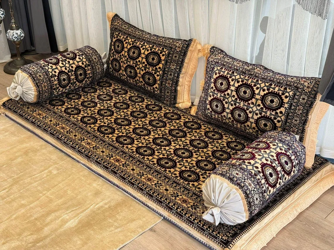 A sofa in a cluttered warehouse