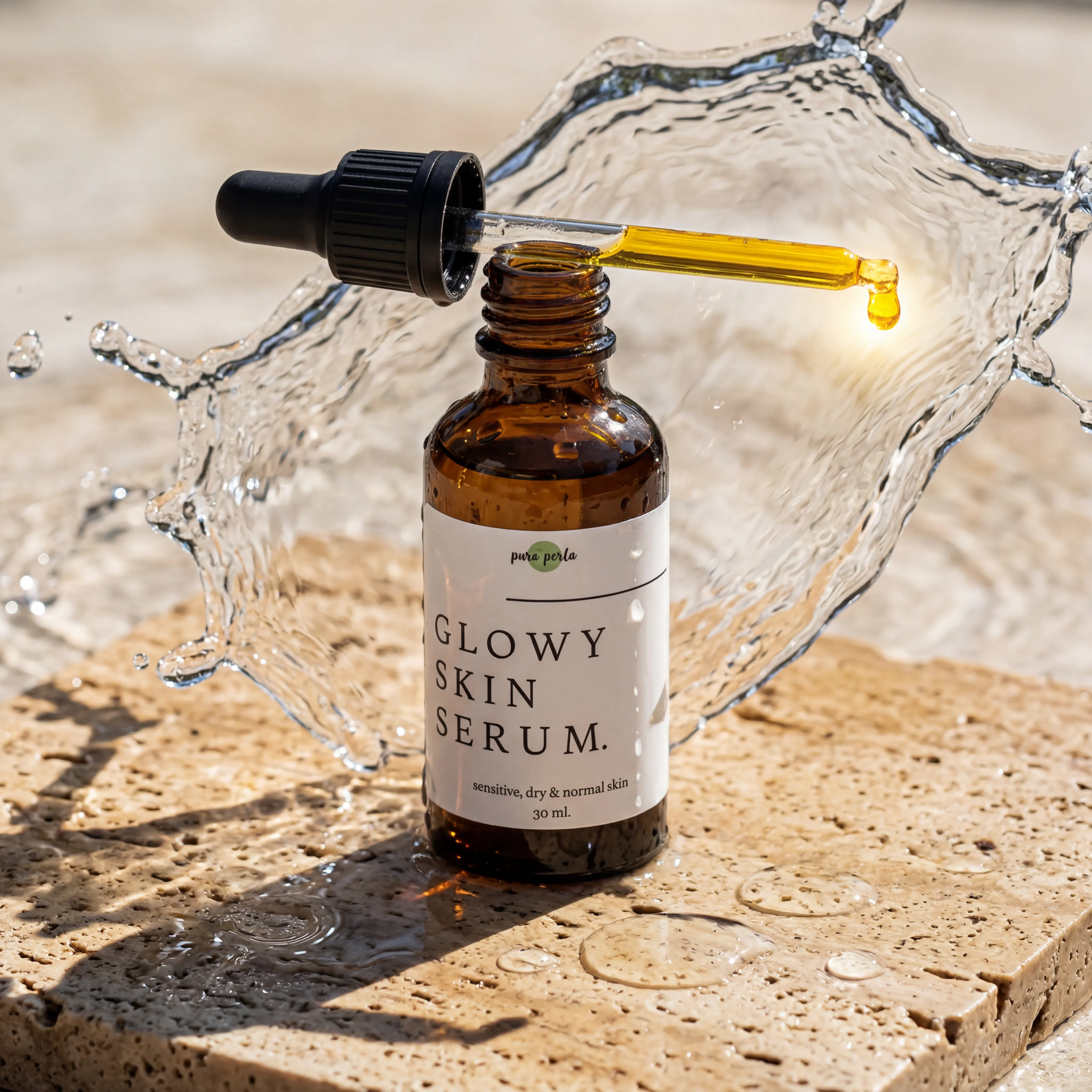 Serum bottle on a wave-rippled glass surface with soft morning light