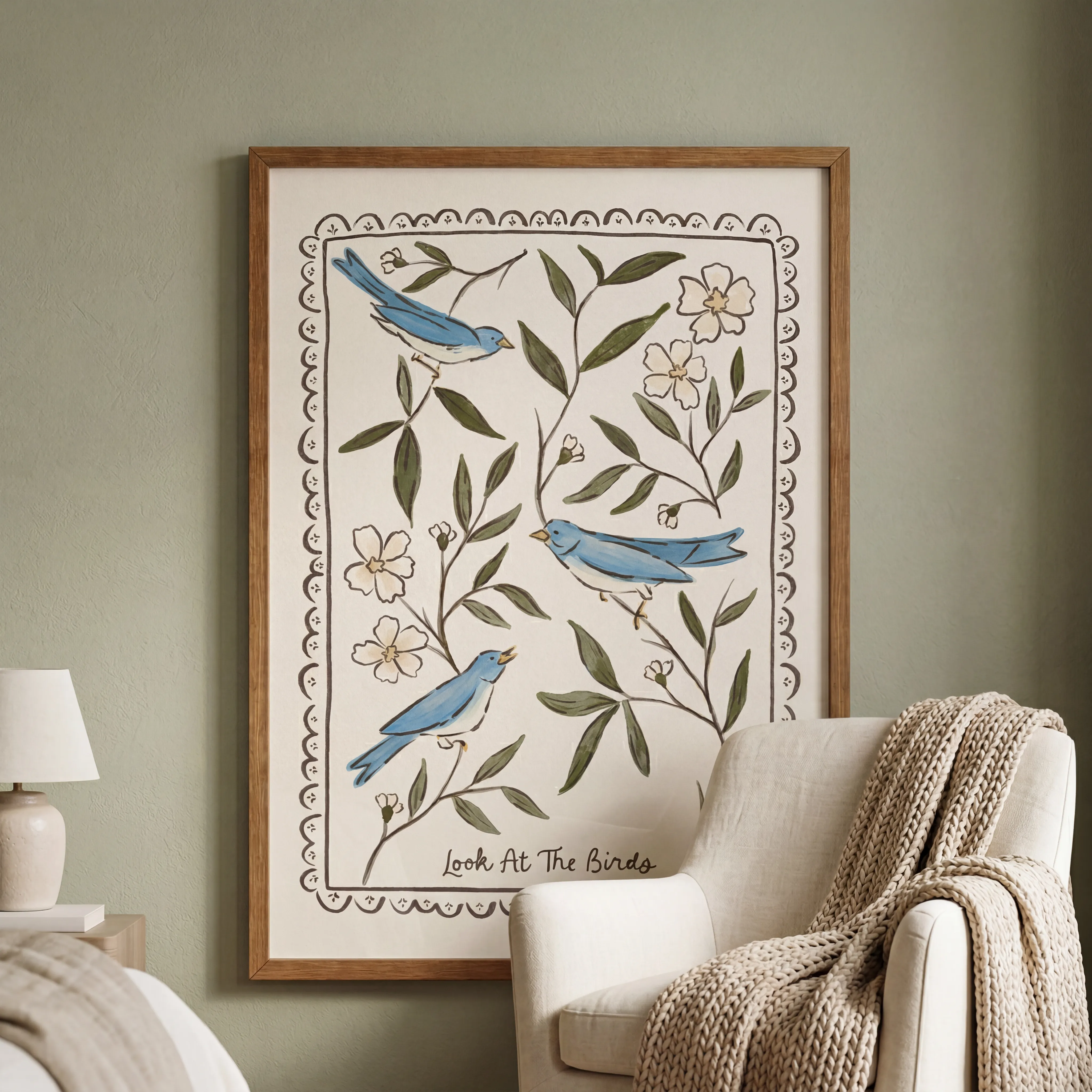 Canvas above a designer sofa in a minimalist Scandinavian living room with soft natural lighting