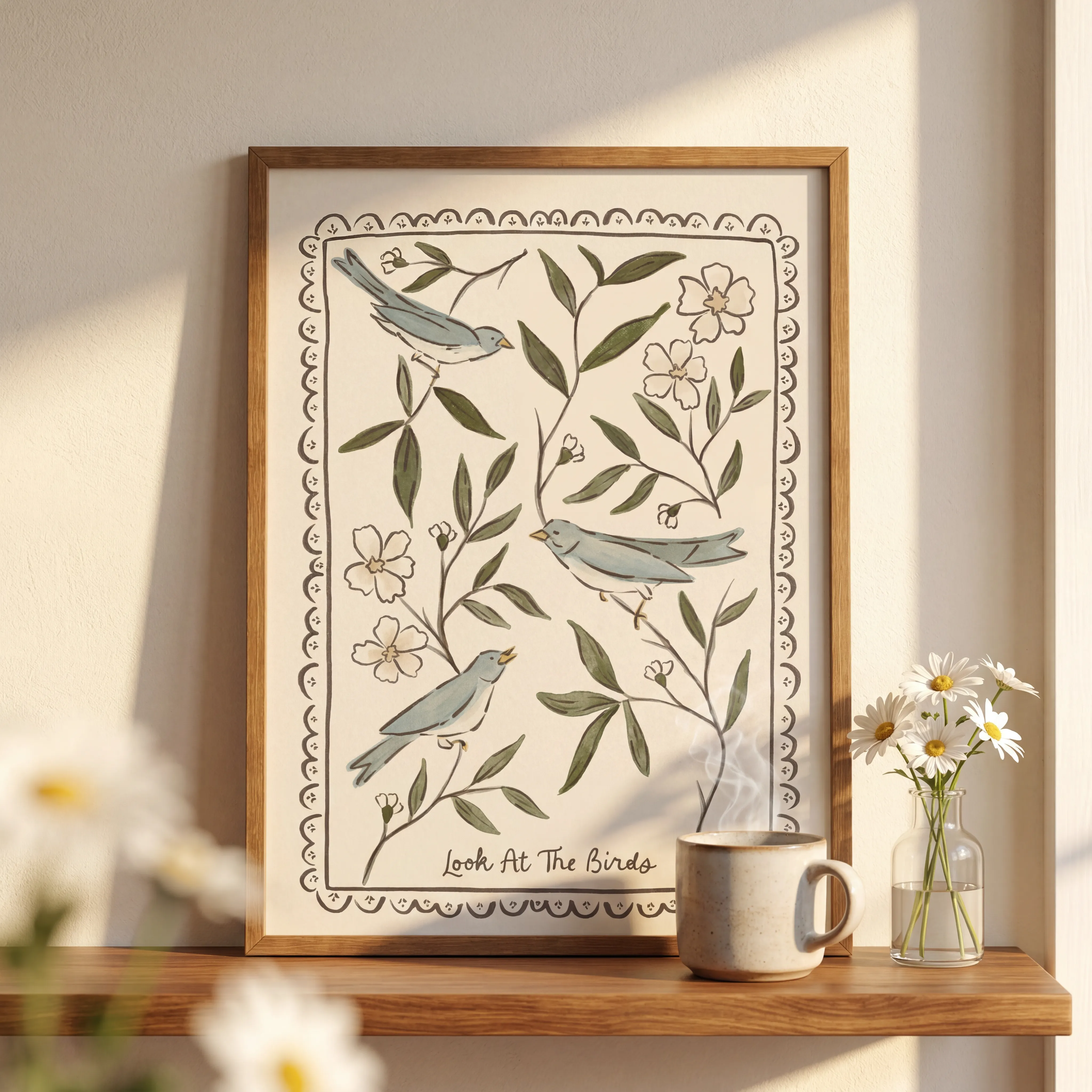 Framed print on a white gallery wall with professional track lighting