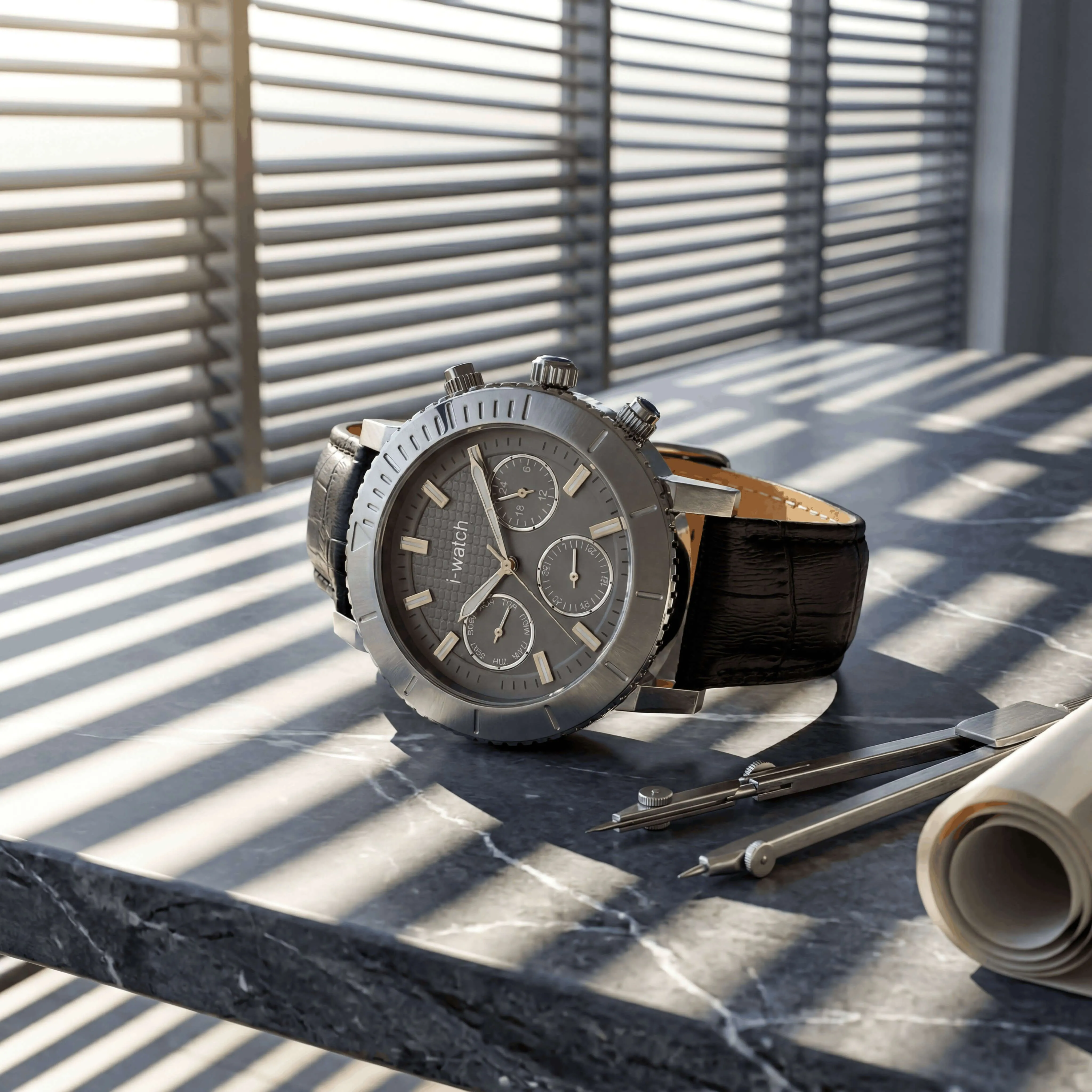 Luxury watch on black velvet block with soft blue lighting