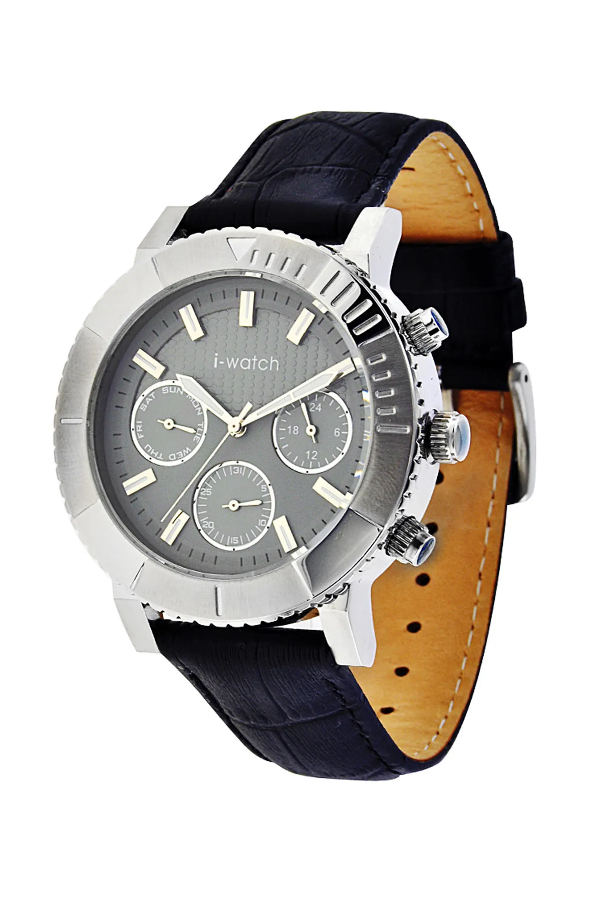 A watch on a cluttered desk with harsh yellow light